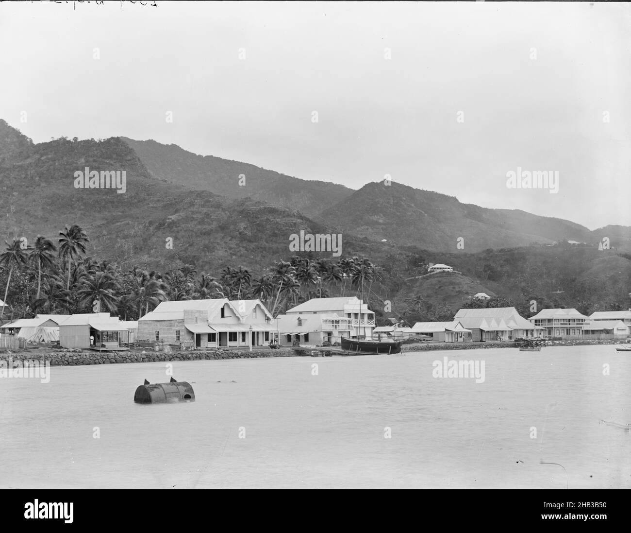 [Levuka, Fiji], Burton Brothers studio, photography studio, 14 July 1884, New Zealand, black-and-white photography, Second plate in three plate panorama taken from the jetty. Foreground sea running to seawall with road above, buildings on roadside, coconut trees behind buildings (from centre to left) and steep hill rising behind buildings. To right a cylindrical buoy floats in the sea, a longboat is sitting on the shoreline. The hill line drops away left to right Stock Photo