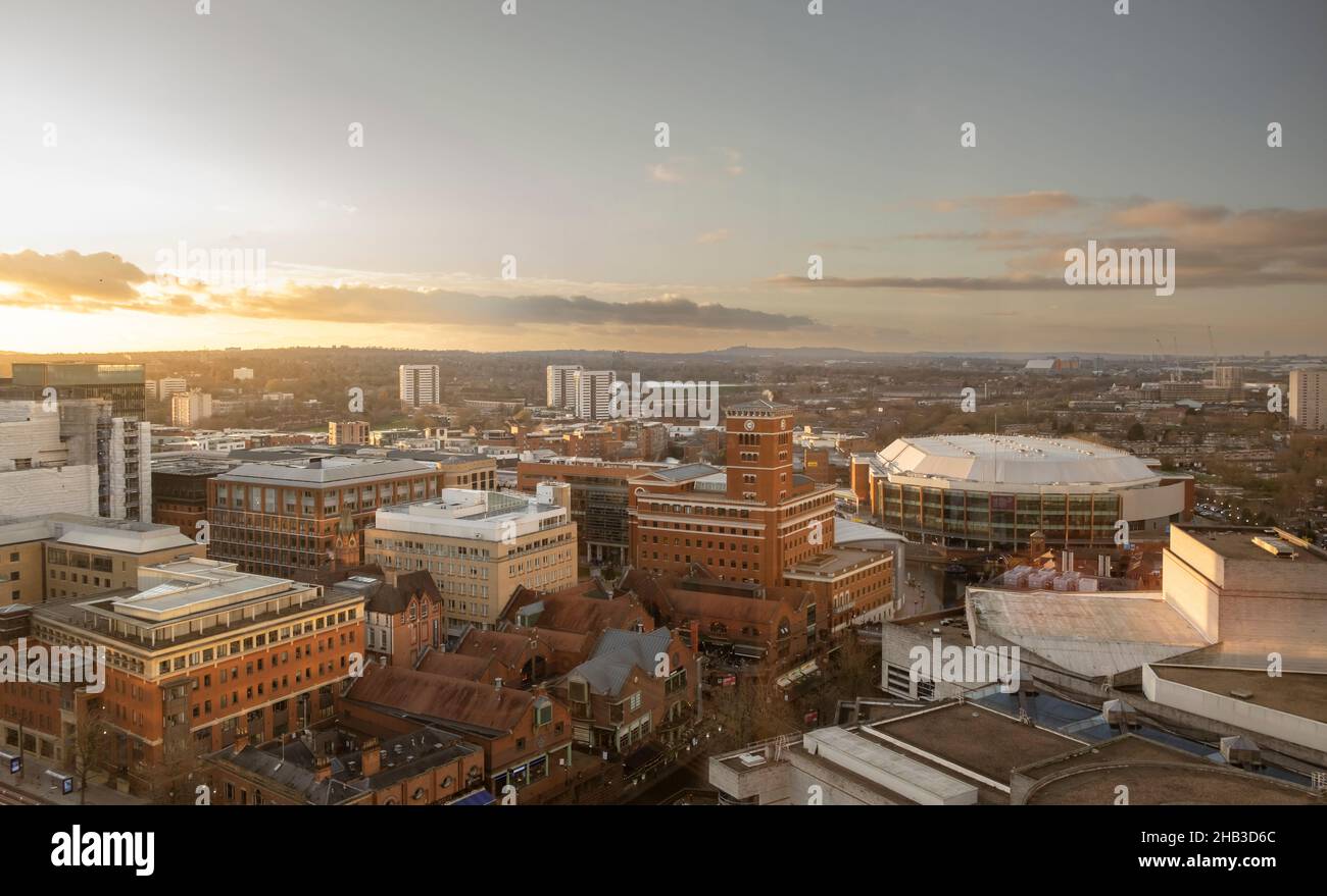 A cityscape of the Westside of Birmingham. Brindleyplace, Broad Street, and Utilita Arena. Stock Photo