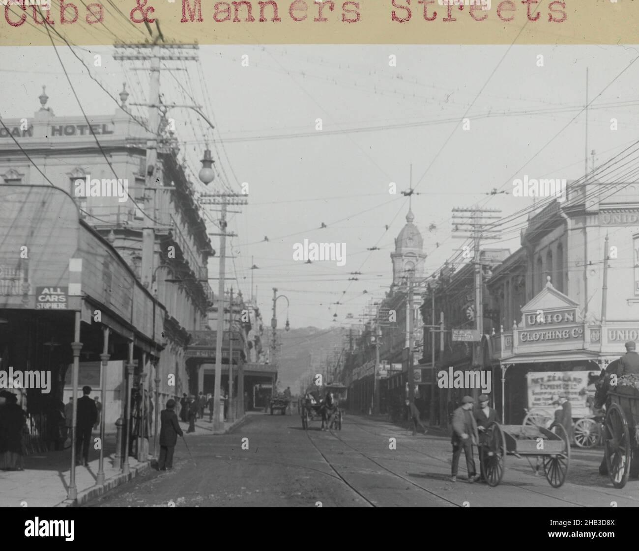 Corner of Cuba looking up from Manners Street, Wellington, Muir & Moodie studio, photography studio, 10 September 1901, Wellington, black-and-white photography Stock Photo