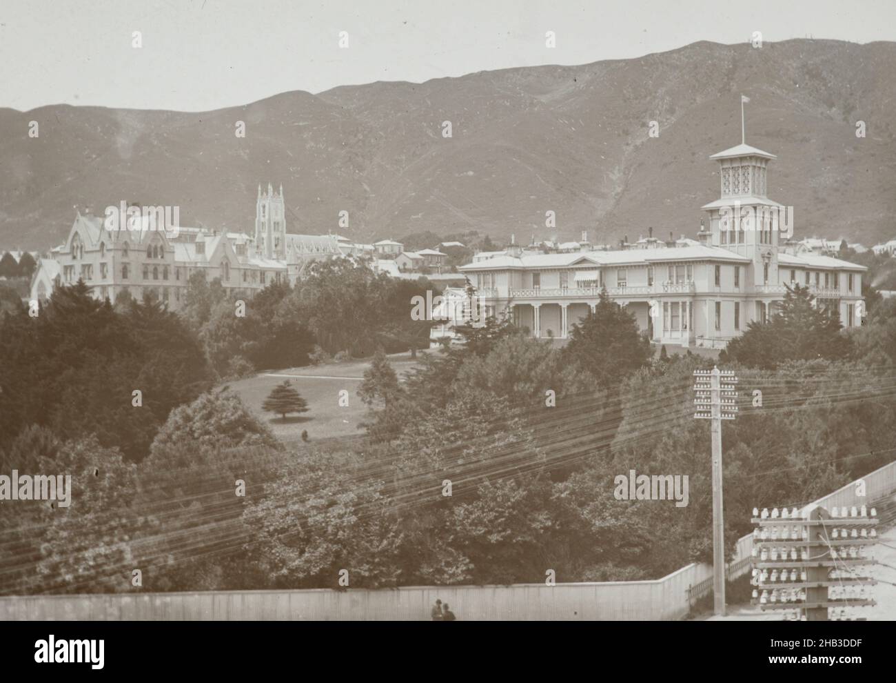 Government House, Roman Catholic Cathedral and Houses of Parliament, Wellington, Burton Brothers studio, photography studio, 1880s, Dunedin, black-and-white photography Stock Photo