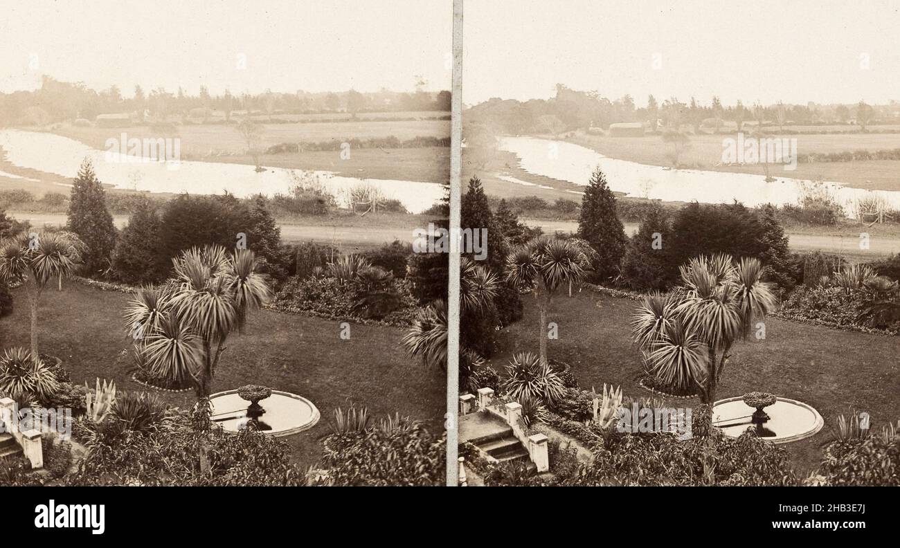 View looking across a garden at the back of a rural property, Burton Brothers studio, photography studio, circa 1880, New Zealand, black-and-white photography Stock Photo