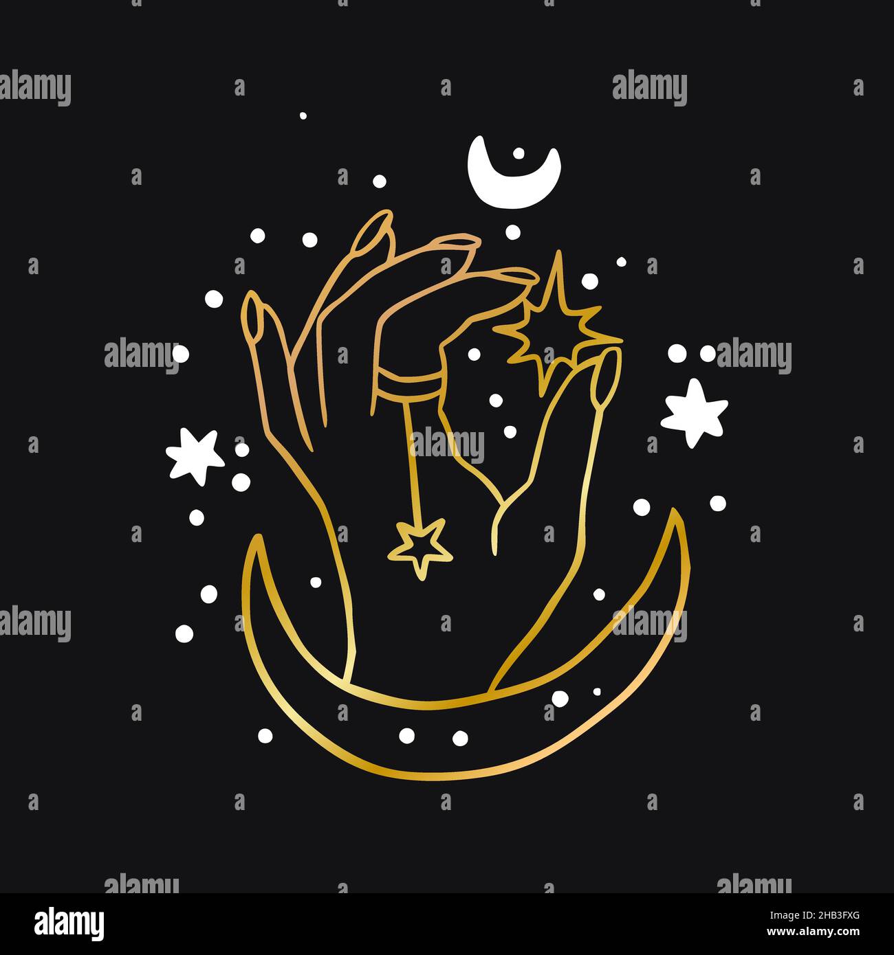 Vector boho hand and moon celestial icon - star gold logo Stock Vector