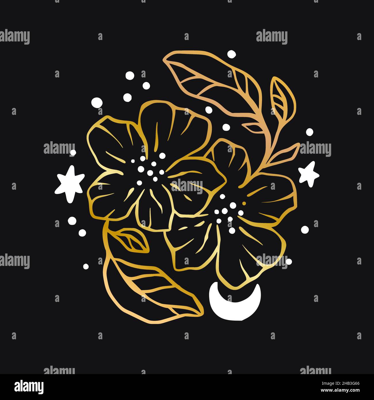 Vector boho flower celestial icon - star and moon gold logo Stock Vector