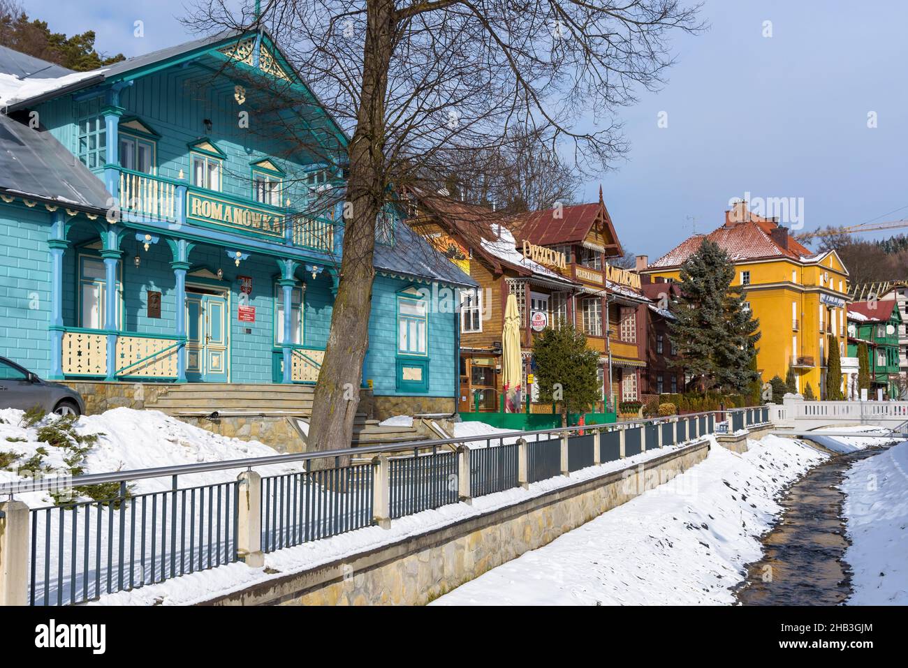 Krynica Zdroj, Poland - January 29, 2020: Winter view of historic buildings at Dietls Boulevards in Krynica Zdroj, famous spa town in southern Poland Stock Photo