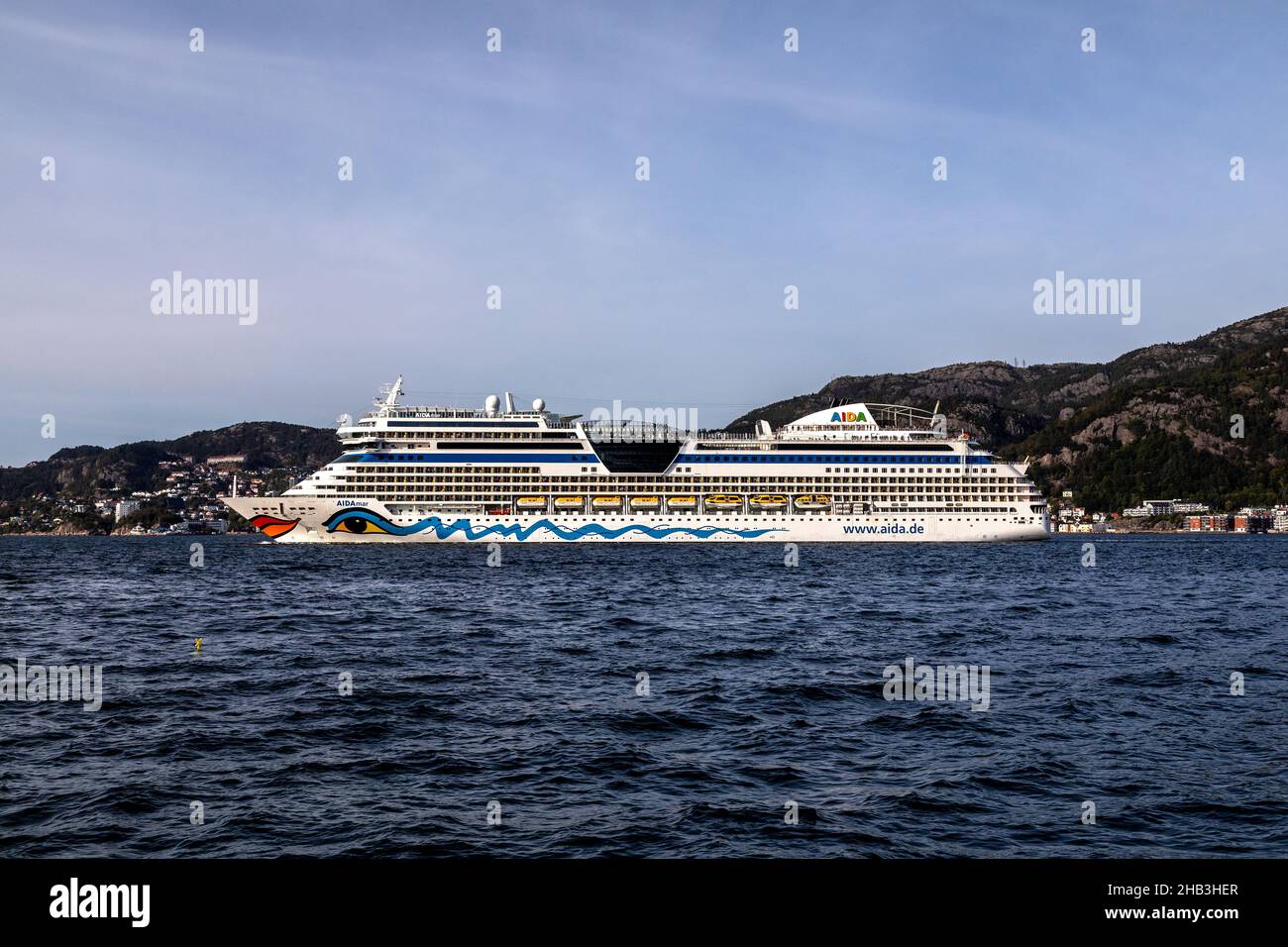 Cruise ship Aidamar at Byfjorden, departing from the port of Bergen, Norway. Stock Photo