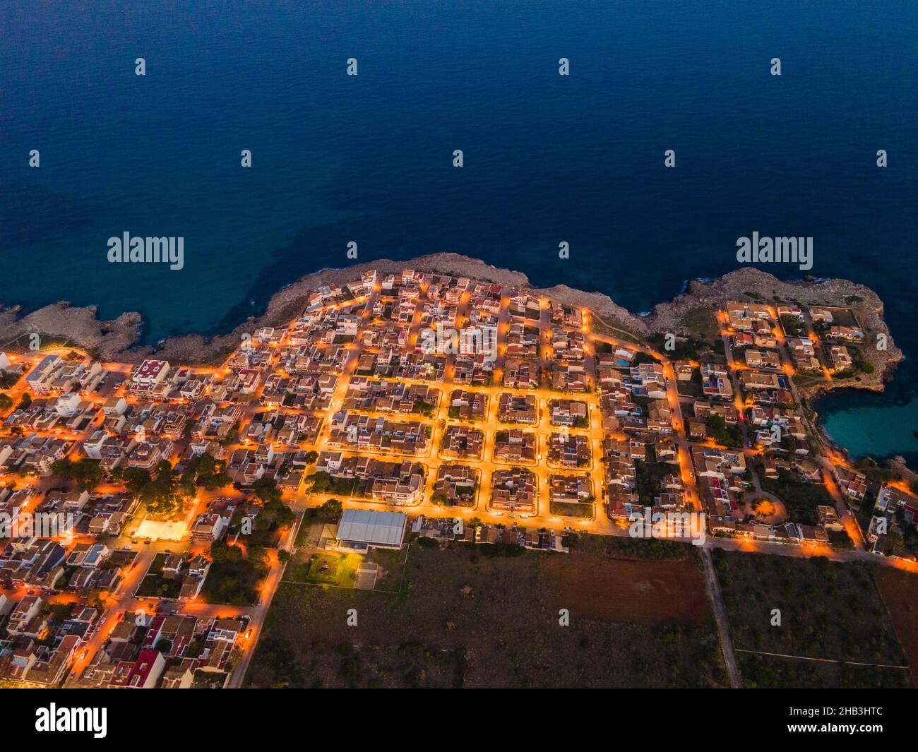 Sa Coma, S'Illot, Mallorca, Spain evening photos from Drone. Aerial imagery of Mallorca Island! Stock Photo