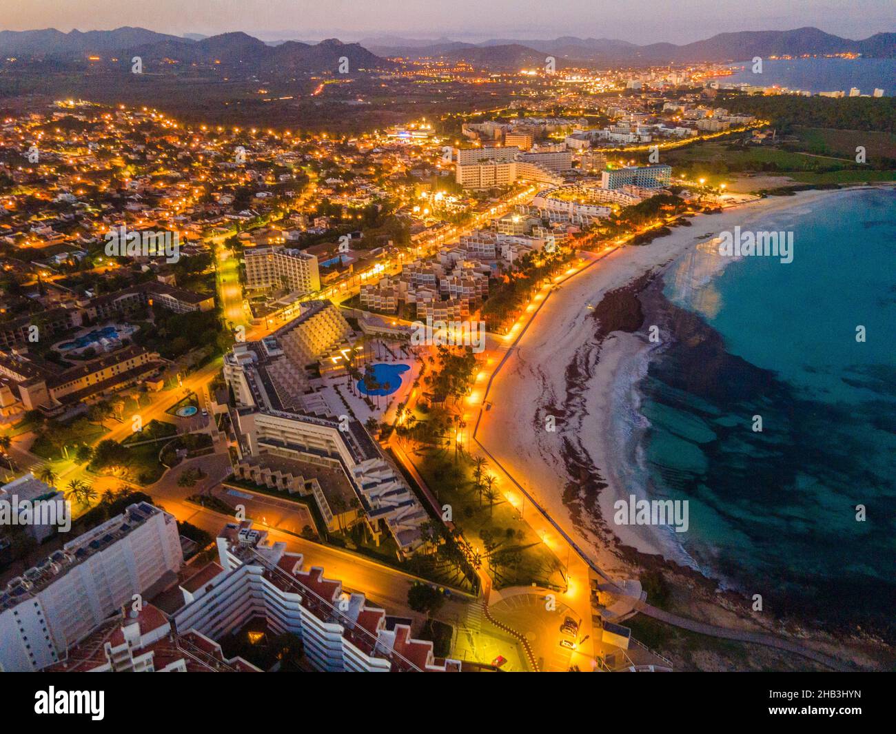Sa Coma, S'Illot, Mallorca, Spain evening photos from Drone. Aerial imagery of Mallorca Island! Stock Photo