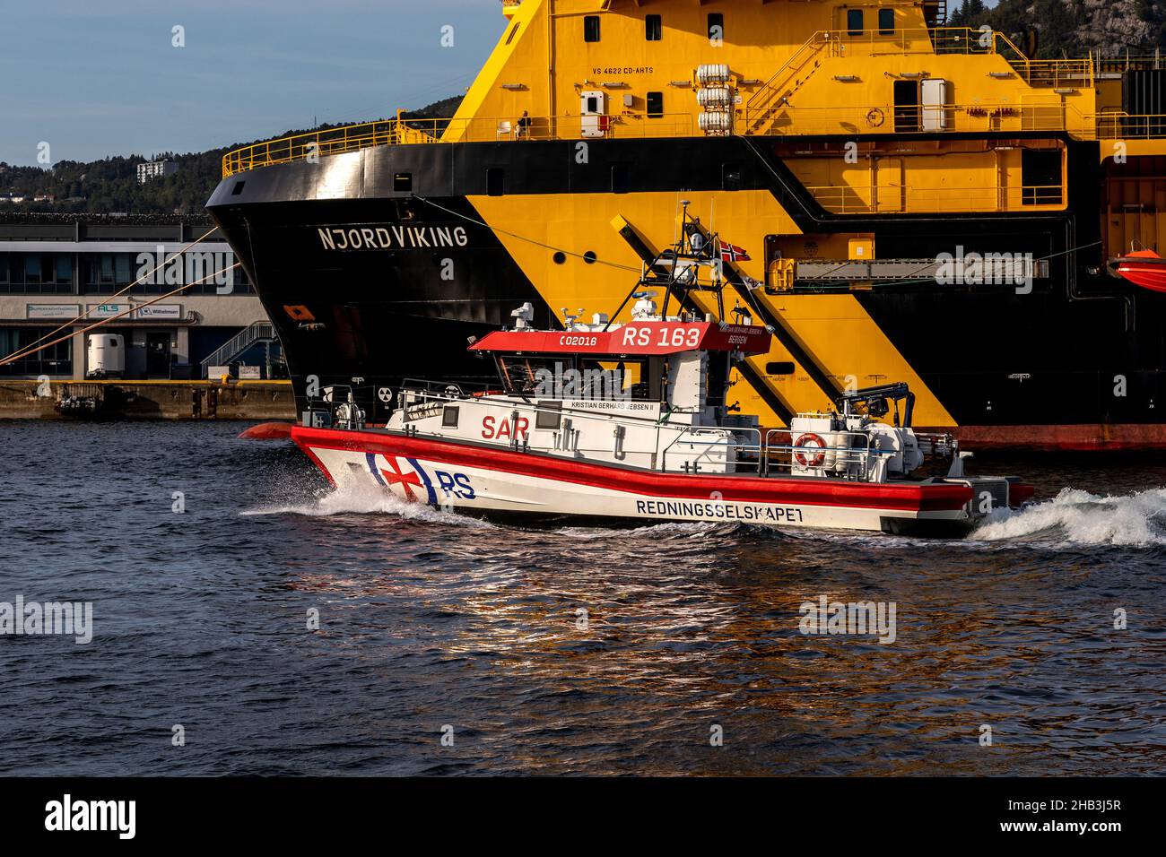 SAR Redningsselskapet vessel kristian Gerhard Jebasen II departing from her base at Tollboden quay in the port of Bergen, Norway. Stock Photo