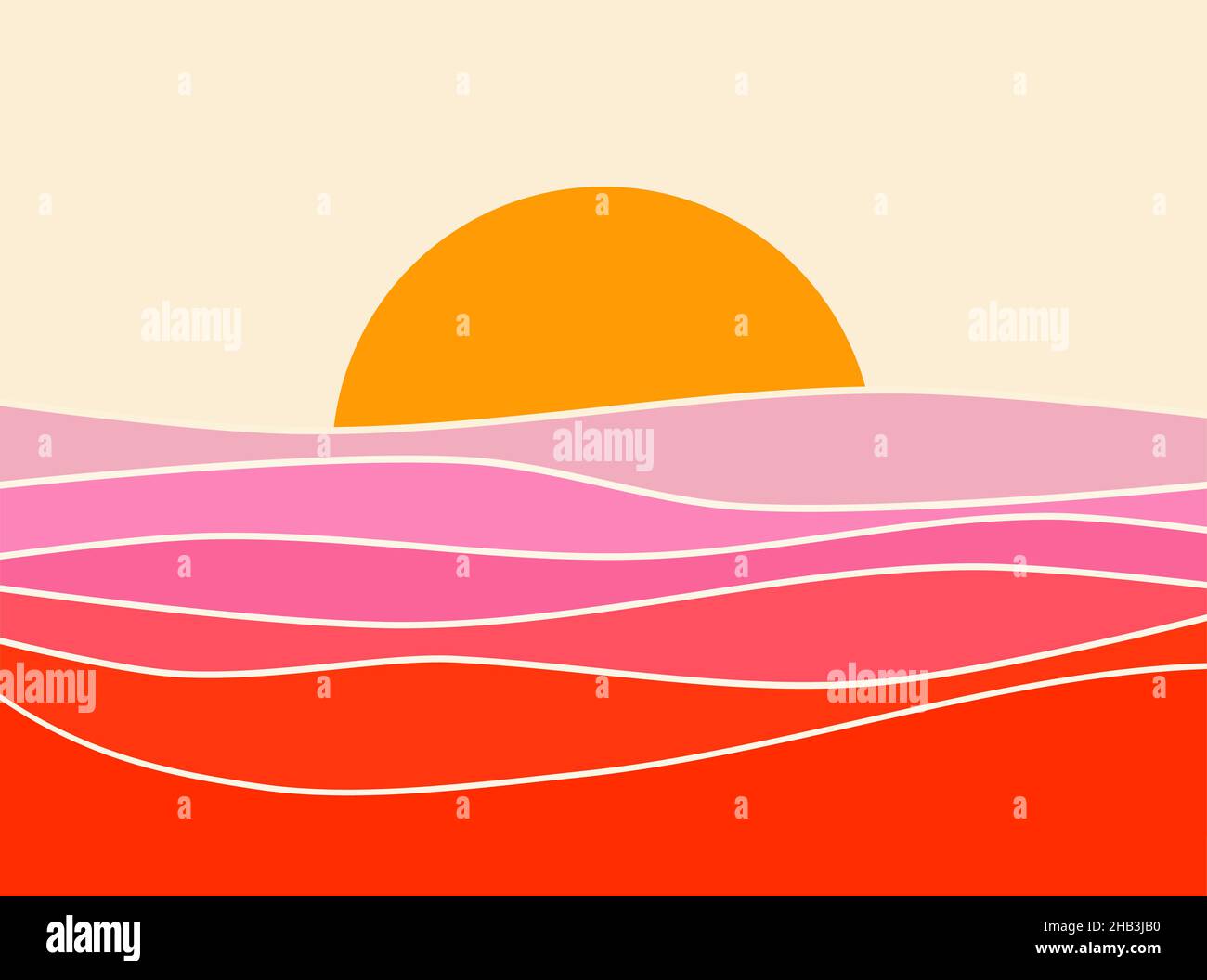Retro abstract sunset landscape 70's style mid century modern graphic design, pink and red vintage illustration, colorful minimal Art Deco gradient st Stock Photo