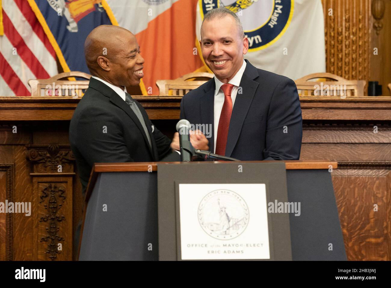 New York, USA. 16th Dec, 2021. Mayor-elect Eric Adams congratulates Louis Molina as his pick for Department of Correction Commissioner at Brooklyn Borough Hall. Eric Adams has chosen Louis Molina who is chief of the Las Vegas Department of Public Safety. Louis Molina worked in the past at the NYPD and was first deputy commissioner or the Westchester County Department of Correction. In addition to introducing his pick for Department of Correction Adams answered questions about his ideas for fighting COVID-19 pandemic among others. (Photo by Lev Radin/Pacific Press) Credit: Pacific Press Media P Stock Photo