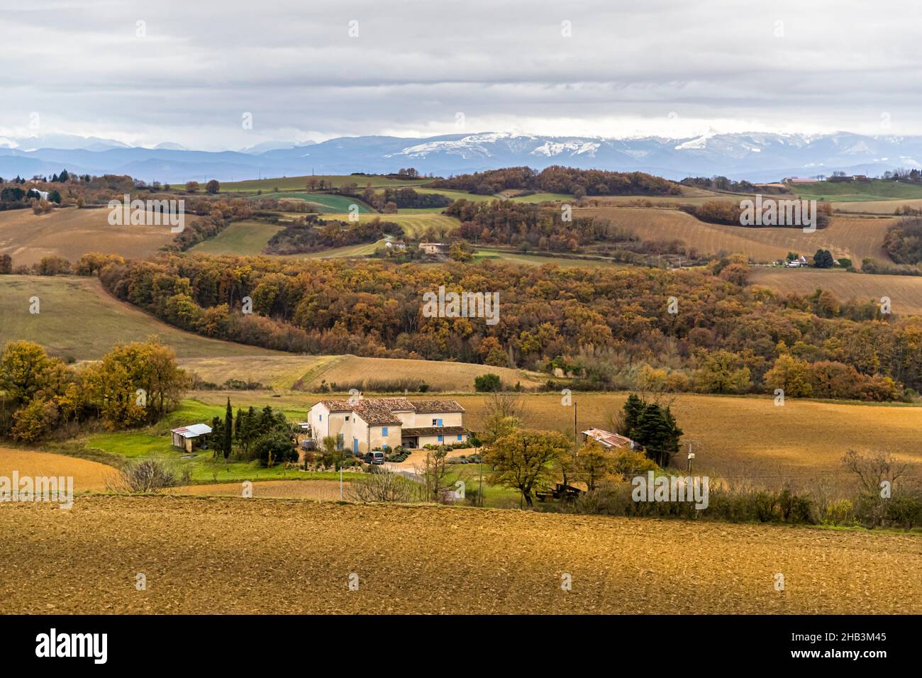 View of the Pyrenees from Mézerville, France Stock Photo