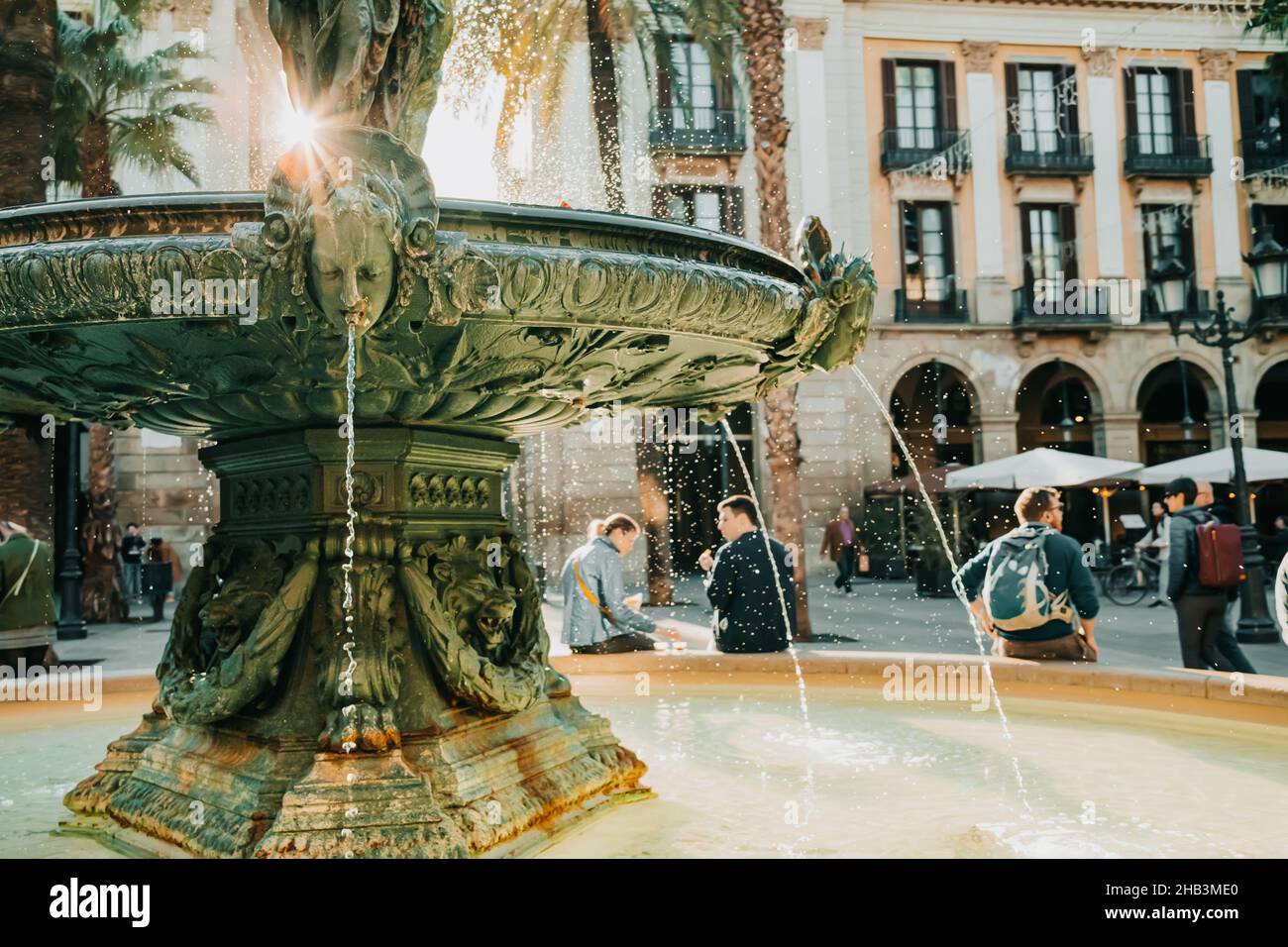 Beautiful historic fountain in Plaza Real in Barcelona, Spain. Famous