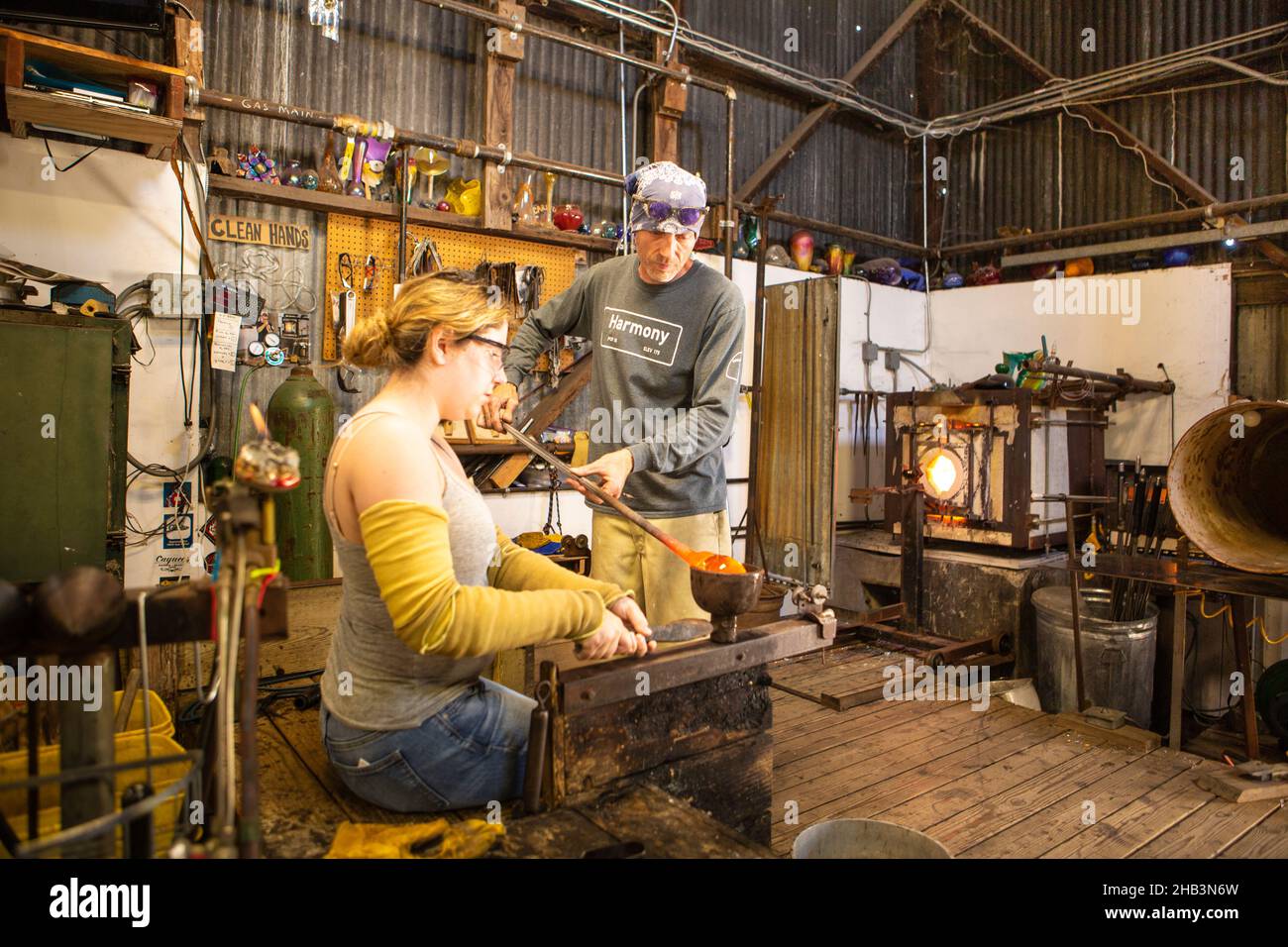 glass blowing lessons in the Harmony Glass Works, Harmony, California