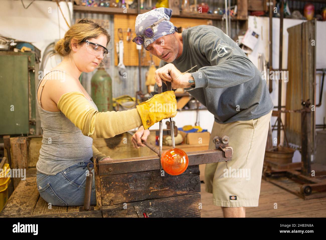 glass blowing lessons in the Harmony Glass Works, Harmony, California