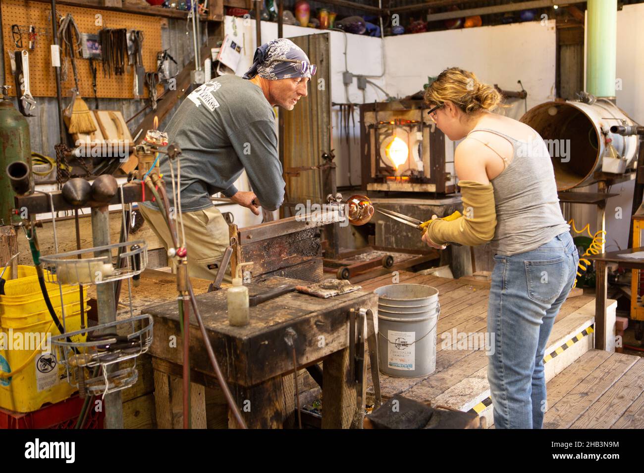 glass blowing lessons in the Harmony Glass Works, Harmony, California