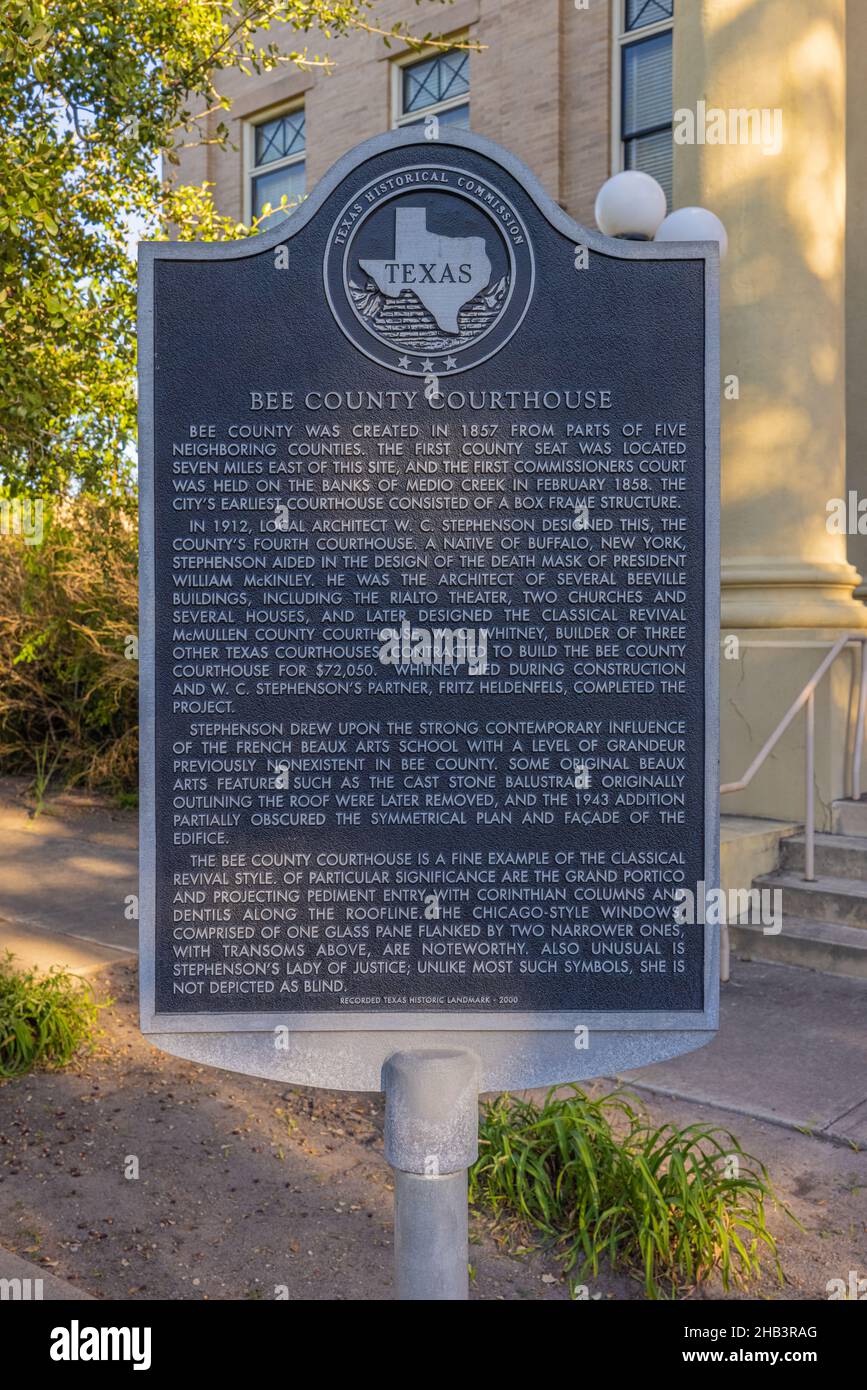 Beeville. Texas, USA September 25, 2021 Plaque with the history of