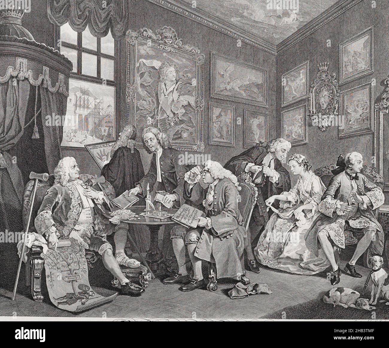 Marriage à-la-mode. Plate 1. The marriage settlement, William Hogarth, artist, 1745, Greater London, engraving, The first of a series of six engravings, based on paintings by William Hogarth (1743-45). The original paintings are in the National Gallery, London. Hogarth commissioned three French expatriate specialist engravers (in this print Louis Gerard Scotin), as they were the finest practitioners of the medium in mid-18th century London. Stock Photo