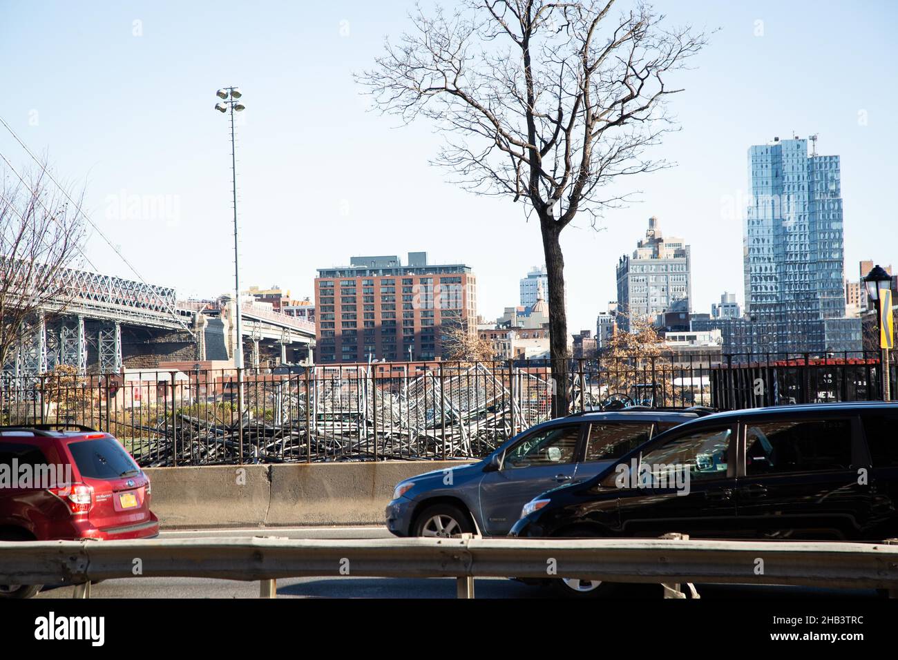 Construction seen at the East River Park with trees sanded down to