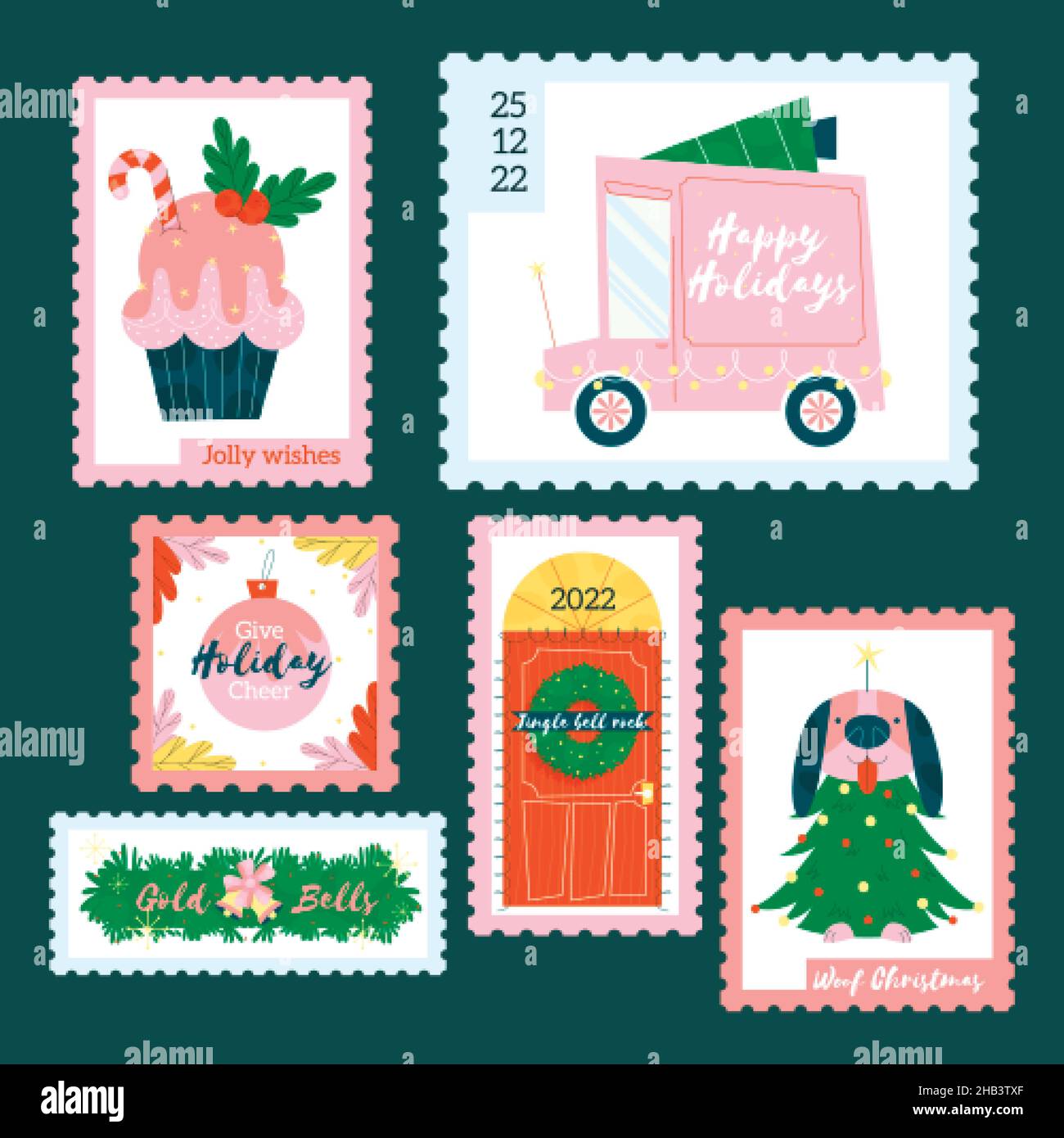 flat christmas stamp collection vector design illustration Stock Vector
