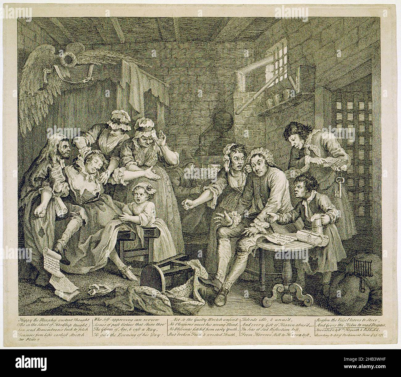 A rake's progress. Plate 7. The prison, William Hogarth, 1735, engraving, A Rake's Progress is a series of eight paintings by William Hogarth. The canvases were produced in 1732-33, then engraved and published as engravings in 1735. Stock Photo