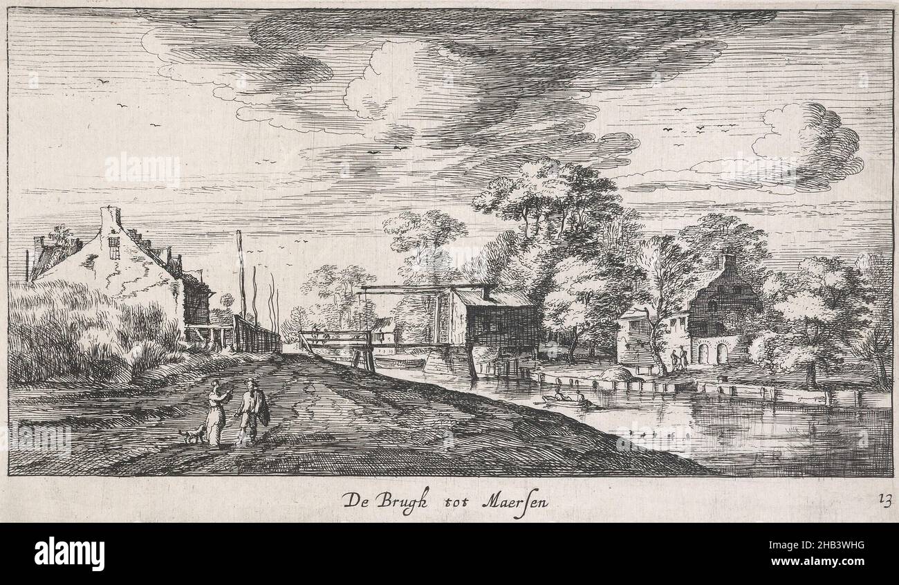 Landscapes with villages near Amsterdam. Plate 13. De Brugh tot Maersen., Geertruydt Roghman, etcher, Mid 17th century, Netherlands, etching, Geertruydt Roghman (1625–1657) was a Dutch Golden Age painter, engraver and printmaker. She was born in Amsterdam to family of artists, the daughter of engraver Henrick Lambertsz Roghman (1602–c. 1660) and Maria Jacobs Savery. Geertruyd was the oldest sister of Roelant (1627–1692) and Magdalena Roghman (1637–c. 1669) and the grandniece of the well-known painter Roelant Savery (1576–1639) through her mother Stock Photo