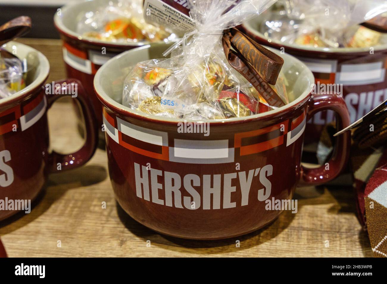 Hershey, PA, USA - December 3, 2021: Hershey Chocolate Candy gifts are on display for sale at the Chocolate World. Stock Photo