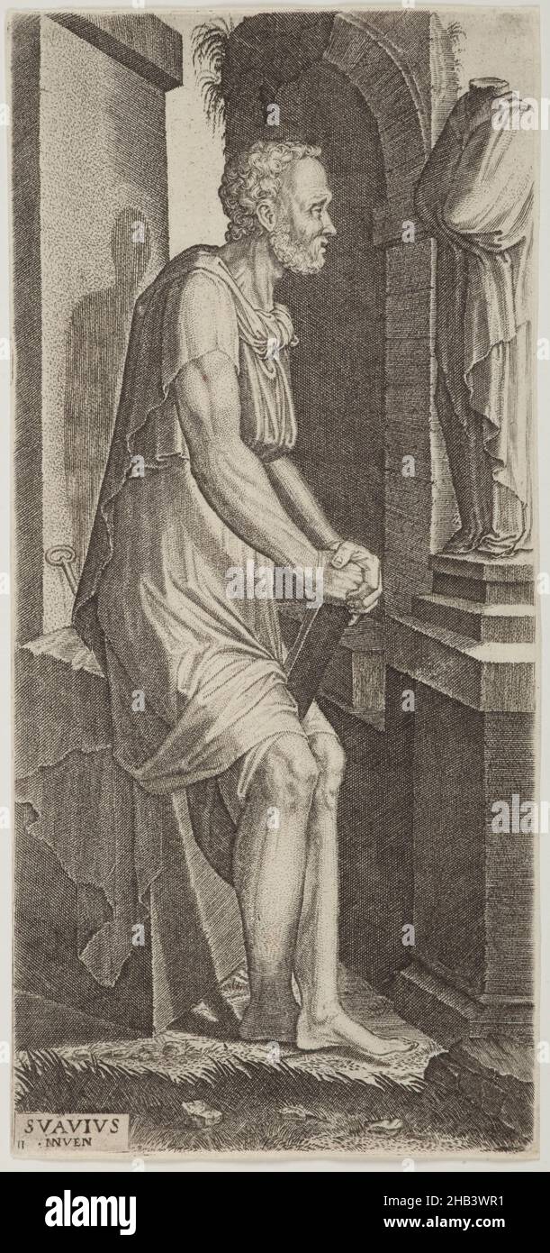 St Peter. Plate 11. From: Christ and the Apostles., Lambert Suavius, artist, 1545, engraving, Lambert Suavius (a.k.a. Lambert Zutman) (c.1510-1574–6), was a South Netherlandish printmaker, architect and poet. He was the son of the episcopal goldsmith Henri Zutman. He became a follower of his brother-in-law, Lambert Lombard, with whose work his own was formerly confused. Suavius became an independent master in 1539, when he married and bought a house in Liège. Stock Photo