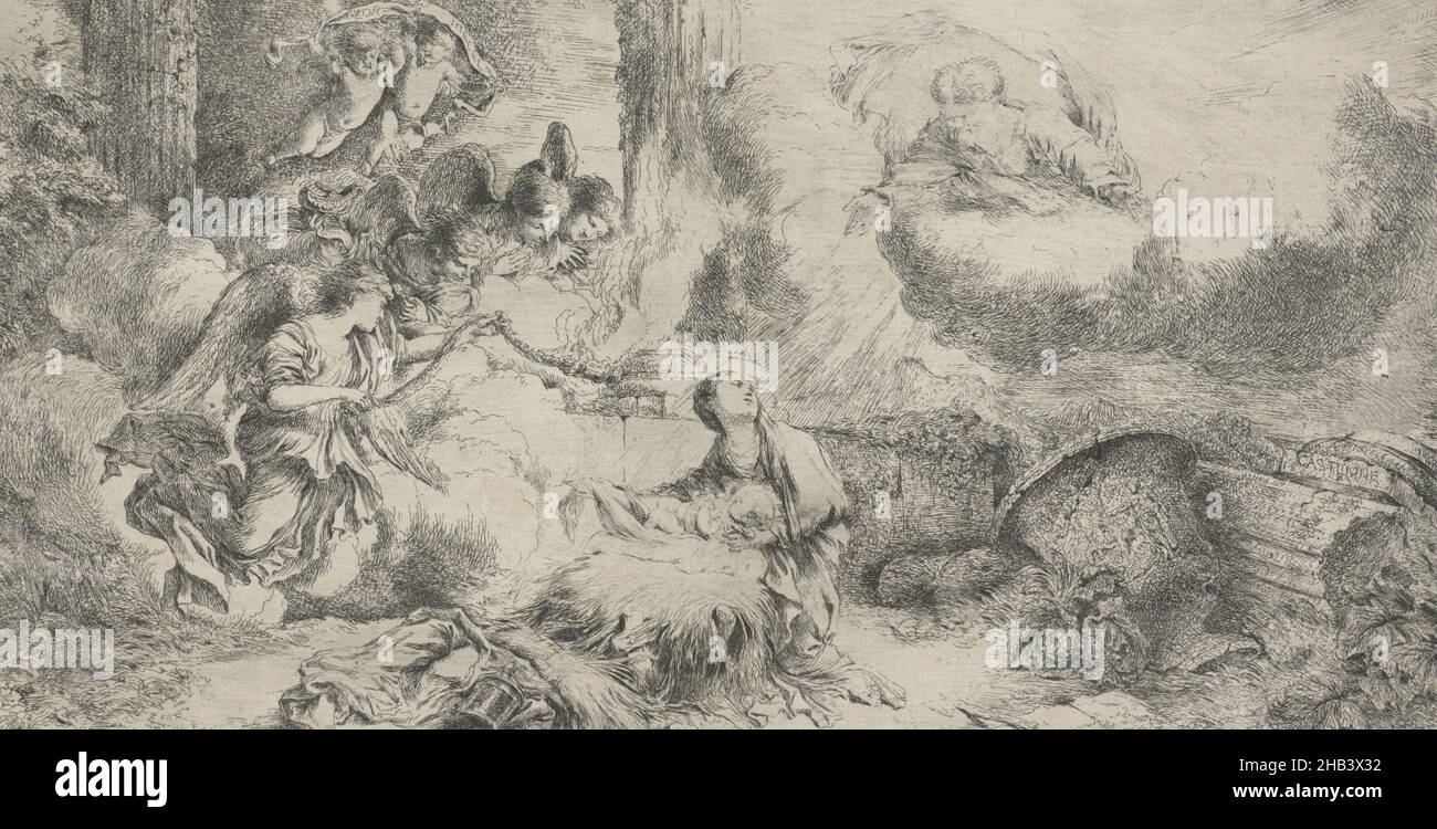 The Nativity with God the Father and angels adoring the Christ Child, Giovanni Castiglione, artist, 1647-51, etching, Giovanni Benedetto Castiglione (1609-1664) was an Italian Baroque artist, painter, printmaker and draftsman of the Genoese school. He is best known now for his elaborate etchings and engravings, as well as being the inventor of the printmaking technique of monotyping Stock Photo