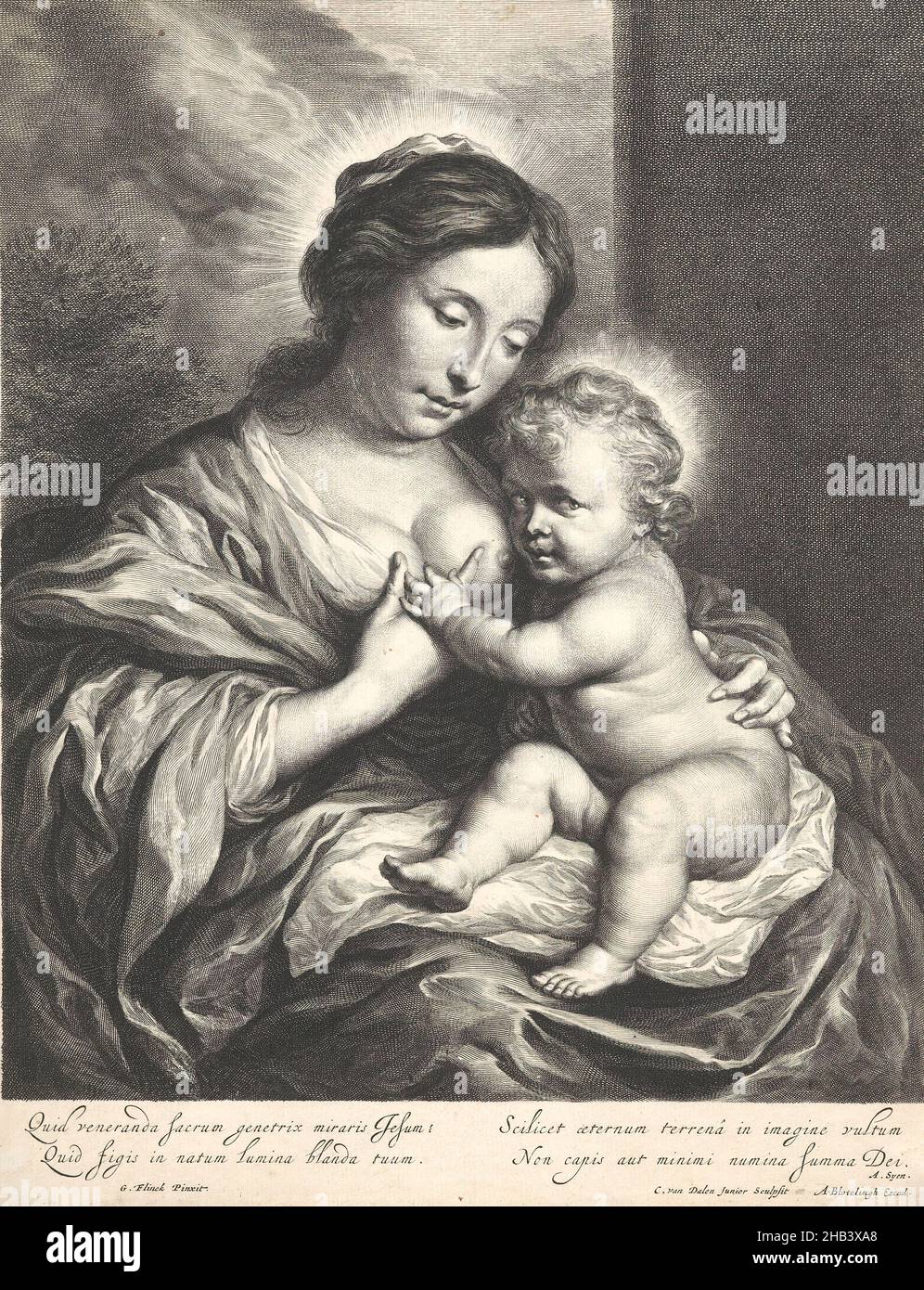 The Virgin with the Child., Cornelis van Dalen the Younger, engraver (printmaker), 1653-64, Netherlands, engraving, Cornelis van Dalen the Younger (1638-64) was, like his namesake father, an engraver from Amsterdam. The younger, short-lived Van Dalen produced reproductive engravings of very fine quality. This example, after a painting by Dutch Golden Age artist Govert (Govaert) Flinck (1615-60), a voluptuously baroque half-length Madonna of Humility, is no exception. The whereabouts of the original are unknown, showing the value of this often marginalised medium. Stock Photo