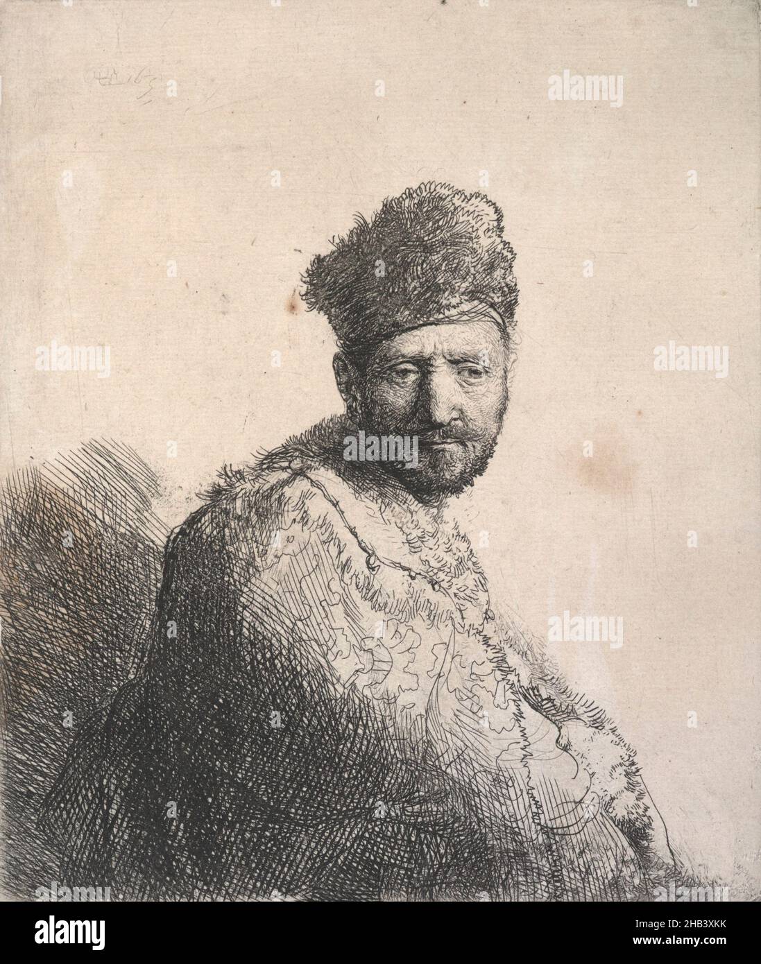Bearded man, in a furred oriental cap and robe., Rembrandt van Rijn, artist, 1631, Netherlands, etching, During his lifetime, Rembrandt's extraordinary skills as a printmaker were the main source of his international fame. Unlike his oil paintings, prints travelled light and were relatively cheap. For this reason, they soon became very popular with collectors not only within, but also beyond the borders of the Netherlands, and it also explains why, three centuries later, they were affordable for Wellington collector and philanthropist Sir John Ilott, who presented 37 Rembrandt prints Stock Photo