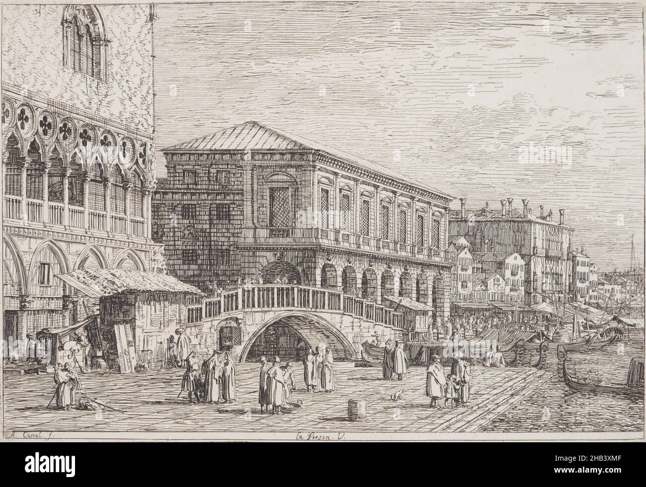 Le Preson V (The Prison). From: Vedute altre prese da i luoghi altre ideate da Antonio Canal, Antonio Canaletto, etcher, 1735-1746, Venice, etching, Antonio Canaletto (1697-1768), born Giovanni Antonio Canal, was the most famous painter of Venice, and one of the most famous Venetian painters, that ever lived. Although paintings dominate his oeuvre, in his middle age he produced a series of remarkable etchings which remain a less famous but affordable alternative to his classic canvases of the Grand Canal and its environs Stock Photo