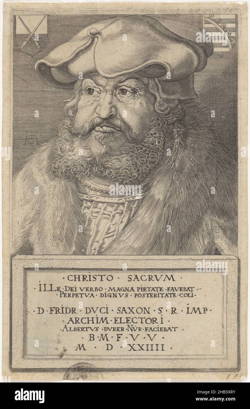 Frederick the wise, Elector of Saxony., Albrecht Dürer, 1524, Germany, engraving, Albrecht Dürer produced many portraits which were either drawn or painted, but made comparatively few printed portraits. His subjects were his friends and associates but also leading figures in politics, religion, science and the arts as well as key figures involved in the Reformation. Some of these portraits were for private use while some were designed from the outset for public display. By the time of producing this print, later in his career, Dürer was an accomplished master of engraving Stock Photo