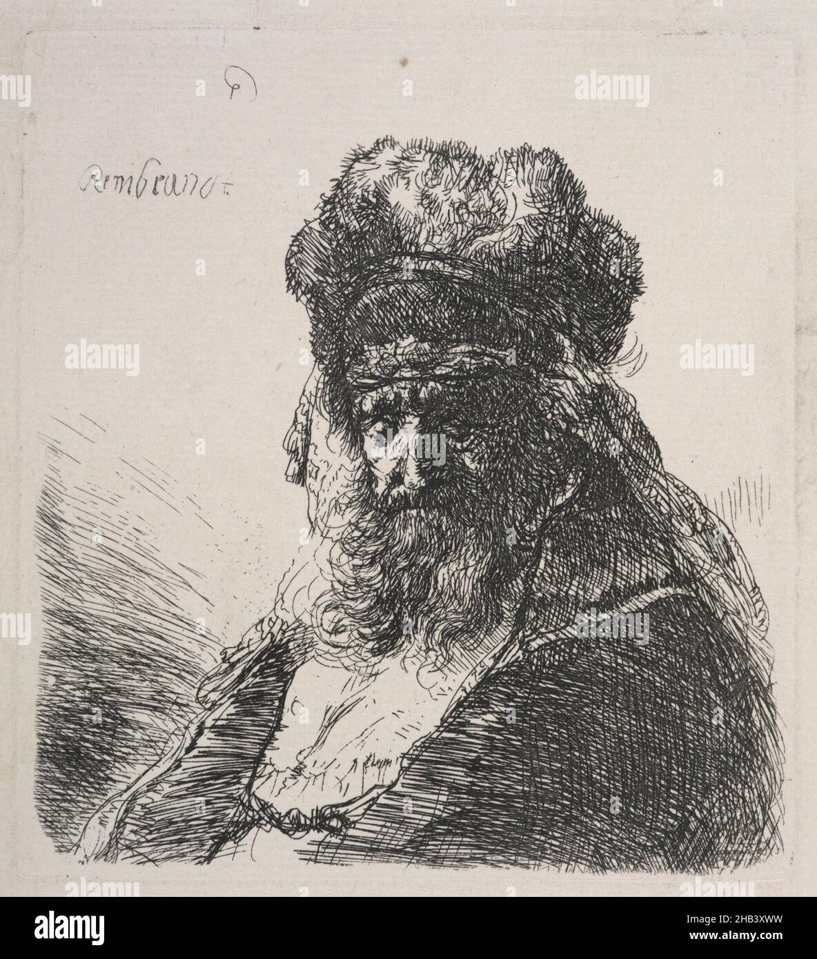 Bearded old man in a high fur cap, with eyes closed., Rembrandt van Rijn, artist, circa 1635, Netherlands, etching, During his lifetime, Rembrandt's extraordinary skills as a printmaker were the main source of his international fame. Unlike his oil paintings, prints travelled light and were relatively cheap. For this reason, they soon became very popular with collectors not only within, but also beyond the borders of the Netherlands, and it also explains why, three centuries later, they were affordable for Wellington collector and philanthropist Sir John Ilott Stock Photo
