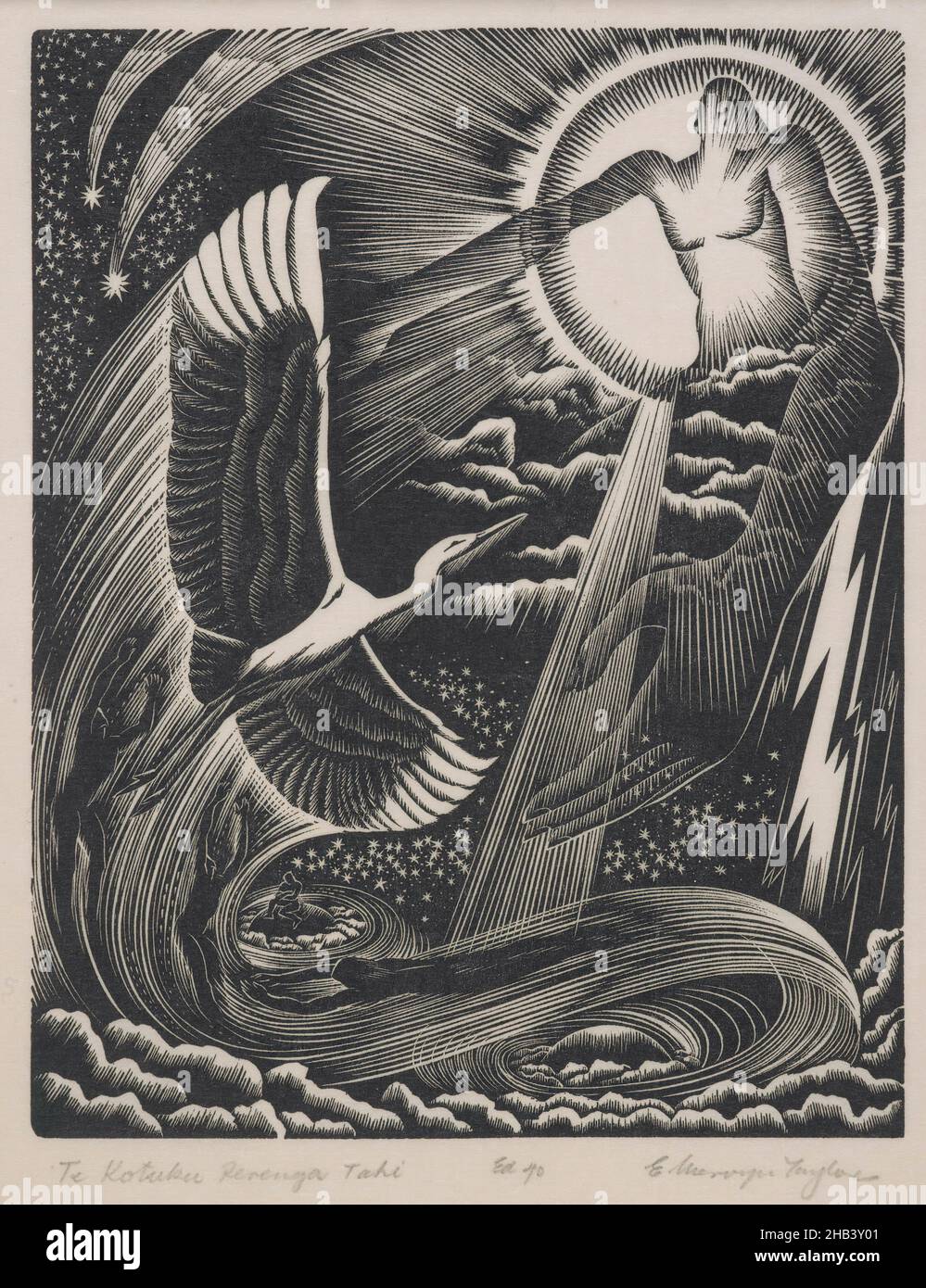 Te kotuku rerenga tahi (The heron of single flight), E Mervyn Taylor, artist, 1953, Wellington, wood engraving Stock Photo