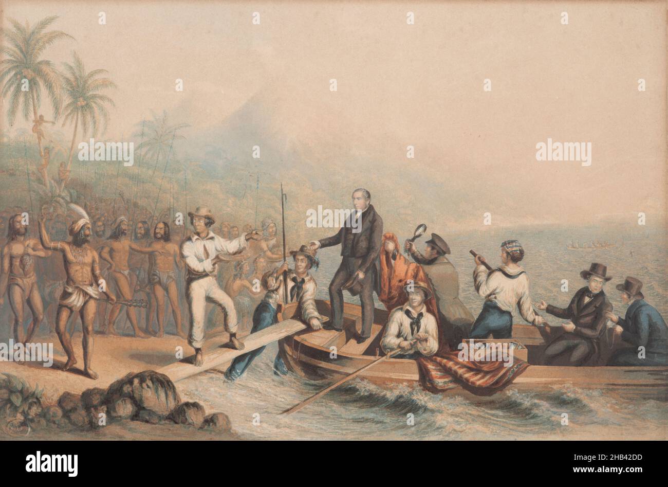 The reception of the Rev. J. Williams at Tanna in the South Seas, the day before he was massacred, George Baxter, artist, 1841, England Stock Photo