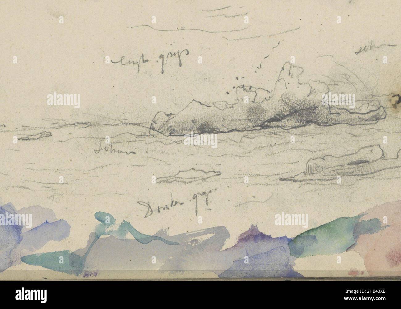 Sheet 8 recto from a sketchbook with 35 pages meant during the expedition to Nova Zembla in 1880, View of the Barents Sea with ice floes and an iceberg., Louis Apol, 1880 Stock Photo