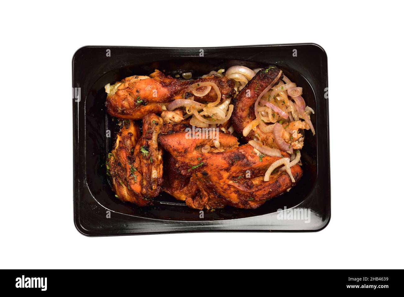 Top View of Tandoori Chicken in Disposable Container Isolated on White Background with Clipping Path Stock Photo