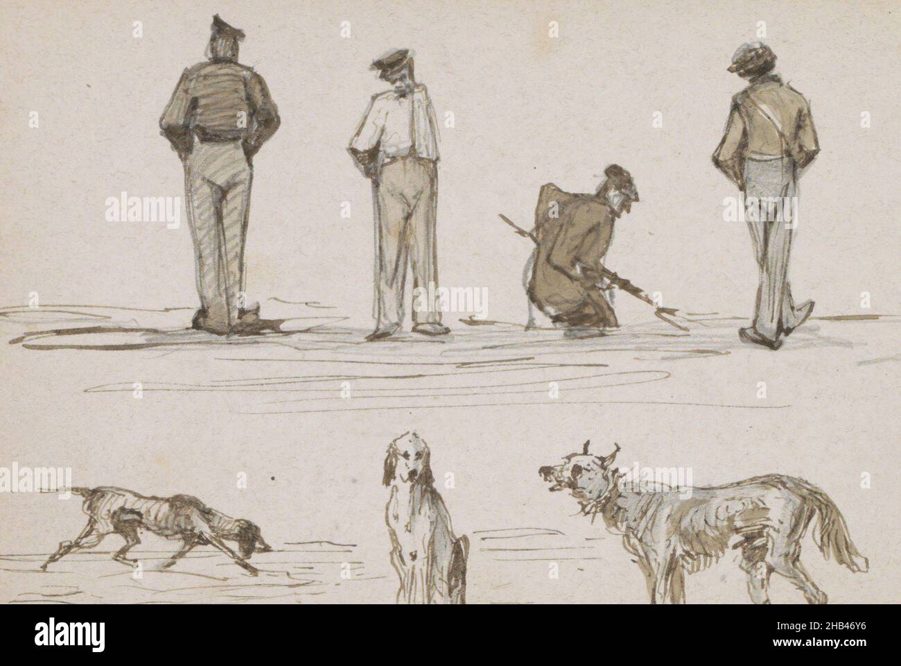 Sheet 14 verso from a sketchbook with 65 sheets, Three standing and one squatting man and three dogs, Johannes Tavenraat, 1862 - c. 1864 Stock Photo