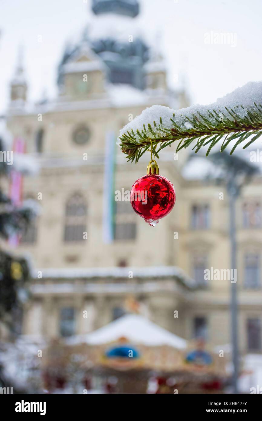 Christmas tree detail and Town Hall building at famous main square Hauptplatz , in winter, in the city center of Graz, Steiermark region, Austria. Sel Stock Photo