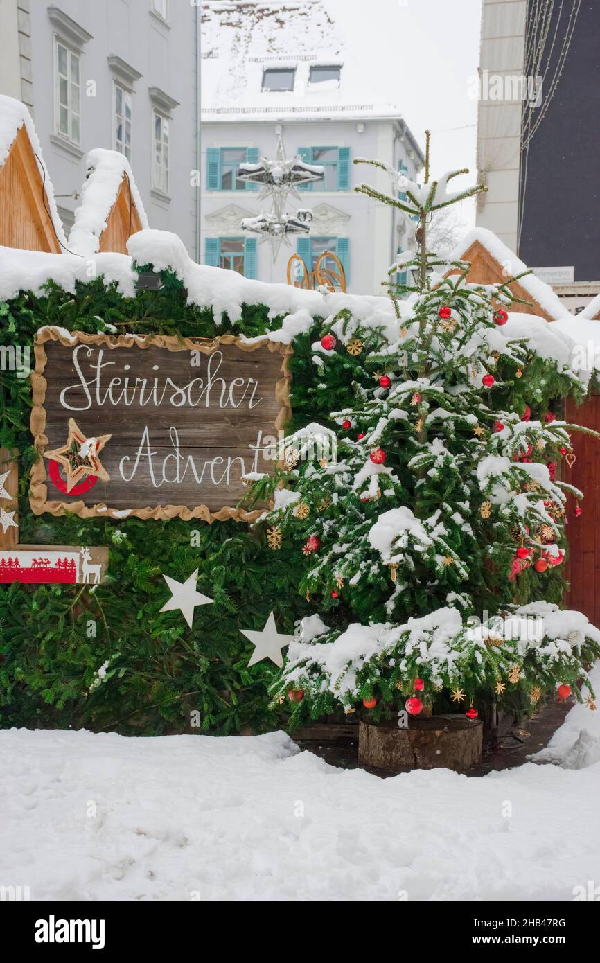 Styrian advent (Steirischer Advent), a beautiful Christmas market in the city center of Graz, Styria region, Austria, in a beautiful winter snowy day Stock Photo