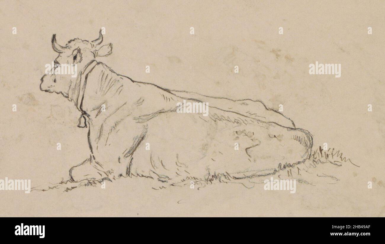 Sheet 7 verso from a sketchbook with 47 sheets, Reclining cow with a bell around the neck., Johannes Tavenraat, 1858 Stock Photo