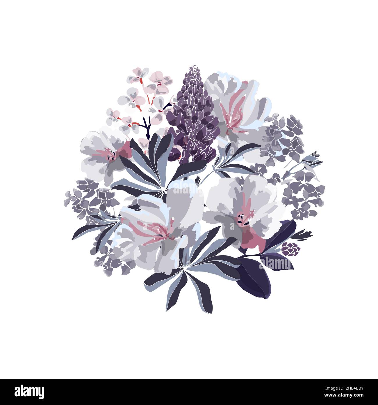 Vector floral illustration. A bouquet of flowers in gray-white and lilac colors on a white background.  Stock Vector