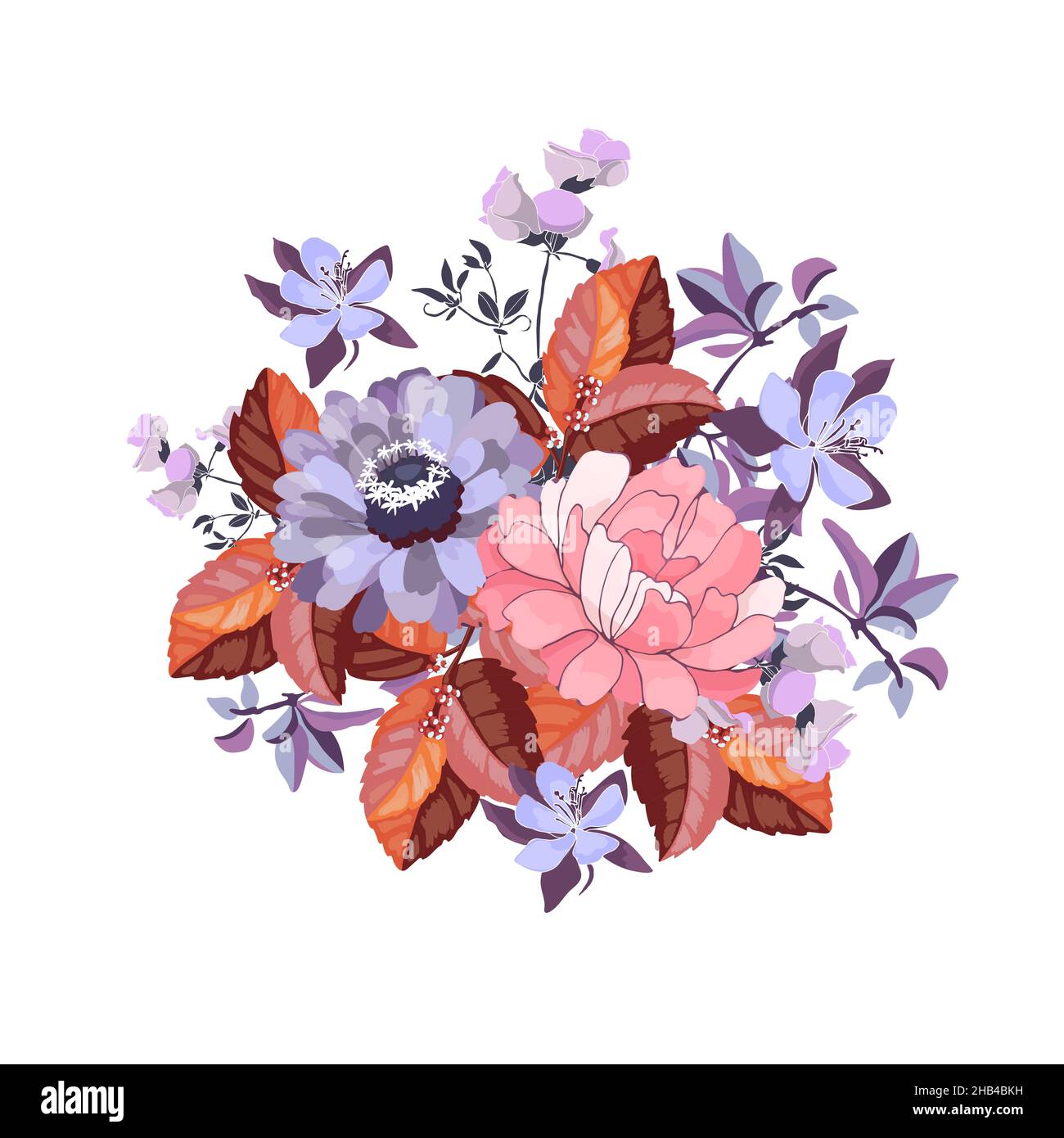 Vector floral illustration. A bouquet of lilac and pink flowers with burgundy leaves on a white background. Stock Vector