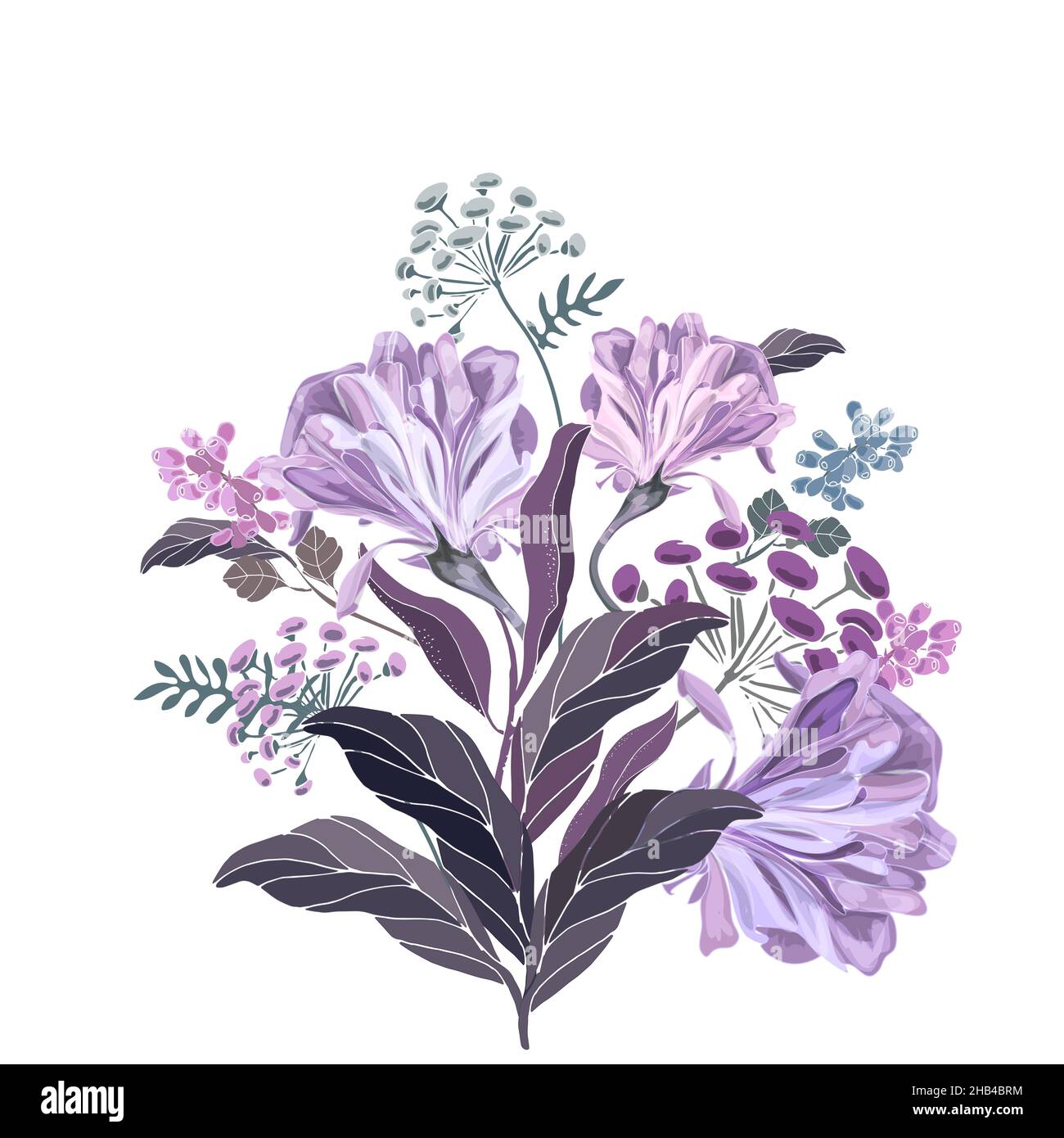 Vector floral illustration. Bouquet of lilac and purple flowers on a white background. Stock Vector