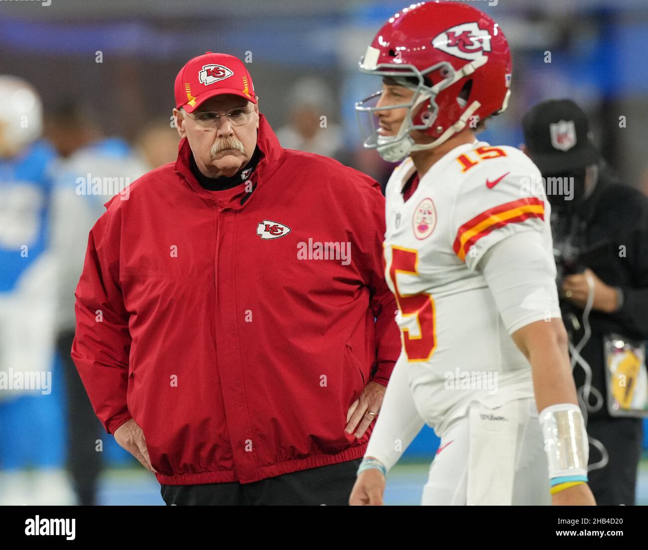 Inglewood, USA. 16th Dec, 2021. Kansas City Chiefs Head Coach Andy Reid watches quarterback Patrick Mahomes prior to game against the Los Angeles Chargers at SoFi Stadium on Thursday, December 16, 2021 in Inglewood, California. Photo by Jon SooHoo/UPI Credit: UPI/Alamy Live News Stock Photo