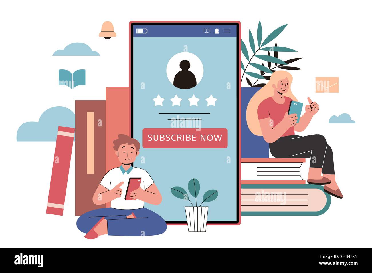 Educational content subscription in flat style illustration. Boy and girl using mobile phones while sitting by books, and subscription CTA to shown to Stock Vector