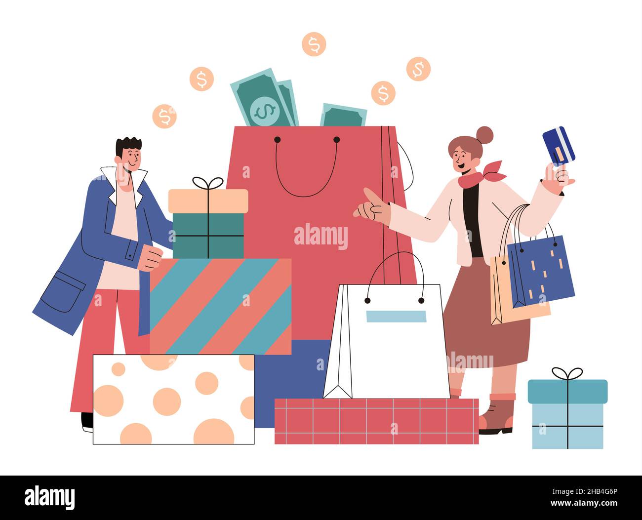 Couple going on a shopping spree in flat illustration. Shopaholics spending lots of money on double eleven to buy loads of shopping bags and gift boxe Stock Vector