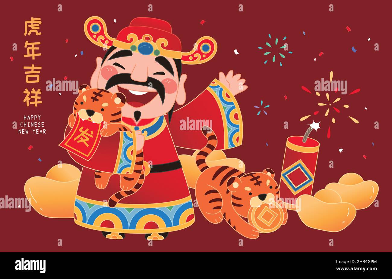 Chinese new year greeting design. God of wealth with cute tiger characters, gold coin, ingots and fire cracker. Flat style illustration. Translation: Stock Vector