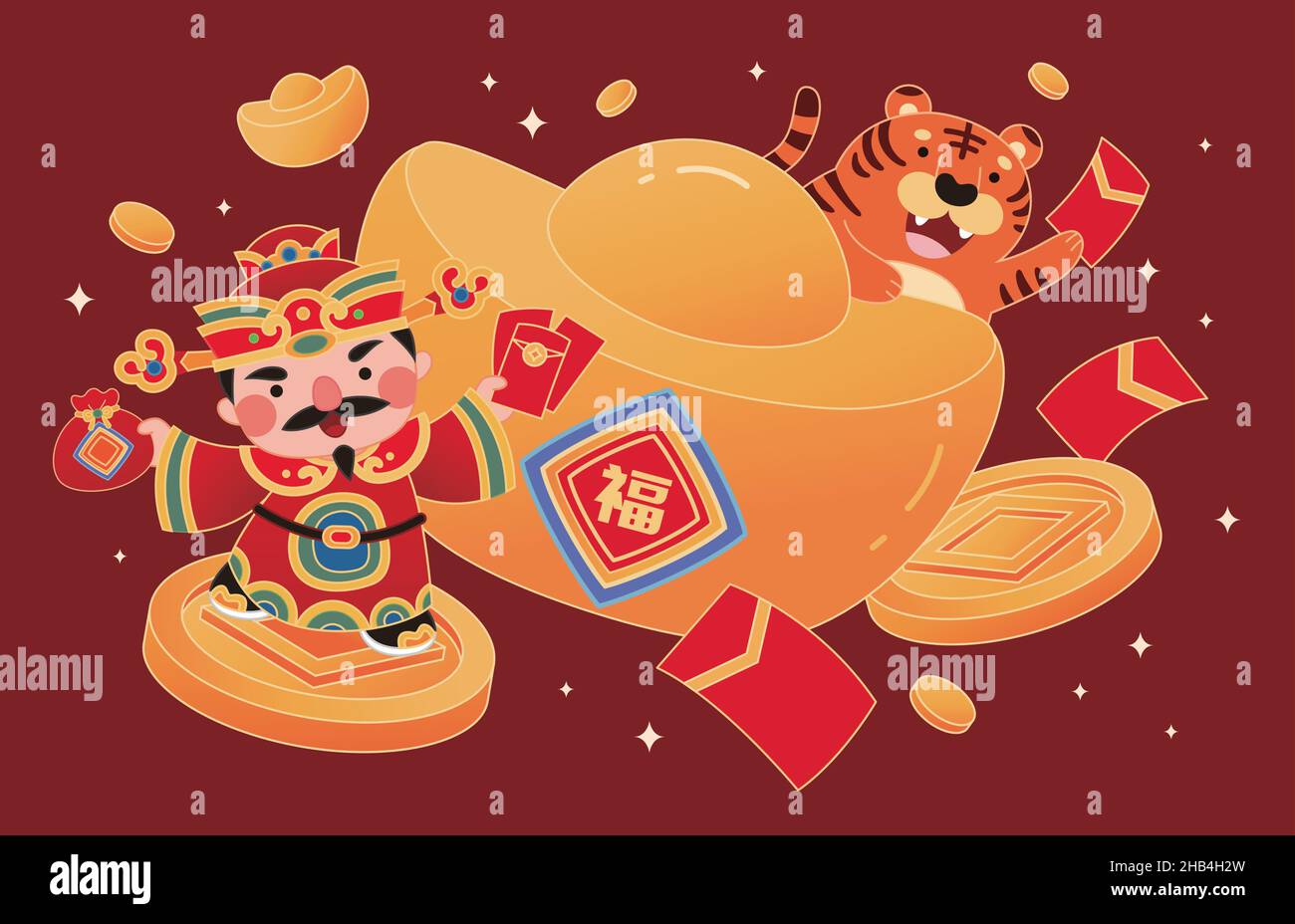 Chinese new year poster design with god of wealth, tiger, gold ingots. Flat illustration. Stock Vector