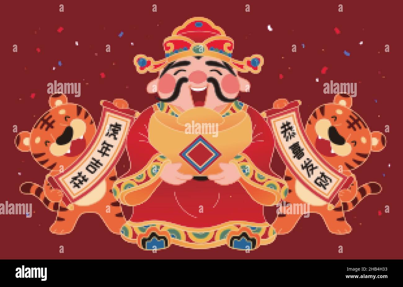 God of Wealth holds a gold ingot in his hand and two cute tigers hold paper greeting scrolls. Flat style illustration. Translation: Happy year of the Stock Vector